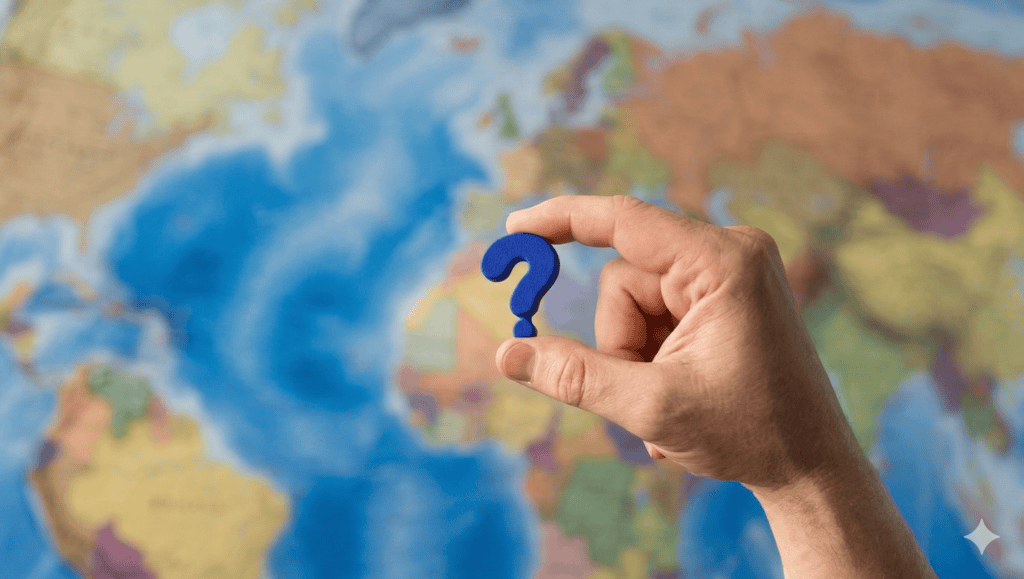 Hand pointing to a question mark on a world map representing travel membership questions and answers