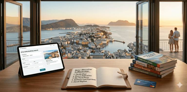 Travel membership planning with open map and laptop on desk