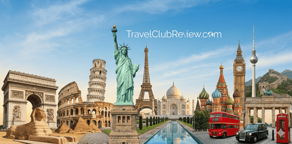 Travel membership guide showing famous world landmarks including the Eiffel Tower and Statue of Liberty