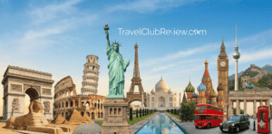 Travel membership guide showing famous world landmarks including the Eiffel Tower and Statue of Liberty
