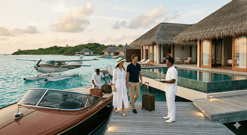 Couple enjoying a luxury overwater villa, representing the best luxury travel memberships and exclusive resort access
