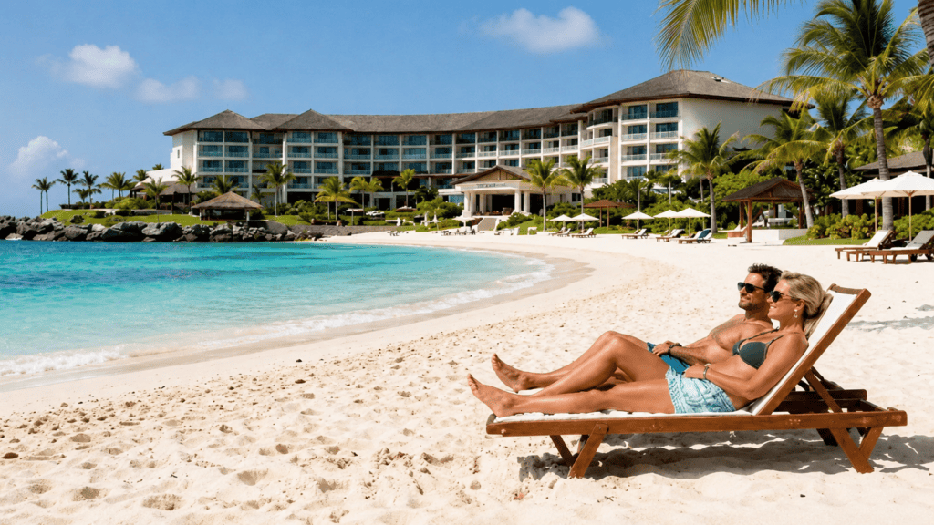 Couple relaxing on a beach vacation.