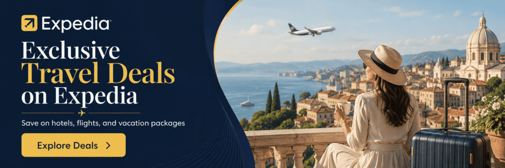 Expedia travel banner with the text “Exclusive Travel Deals on Expedia,” a yellow “Explore Deals” button, and a traveler overlooking a coastal city with a suitcase and airplane in the background.