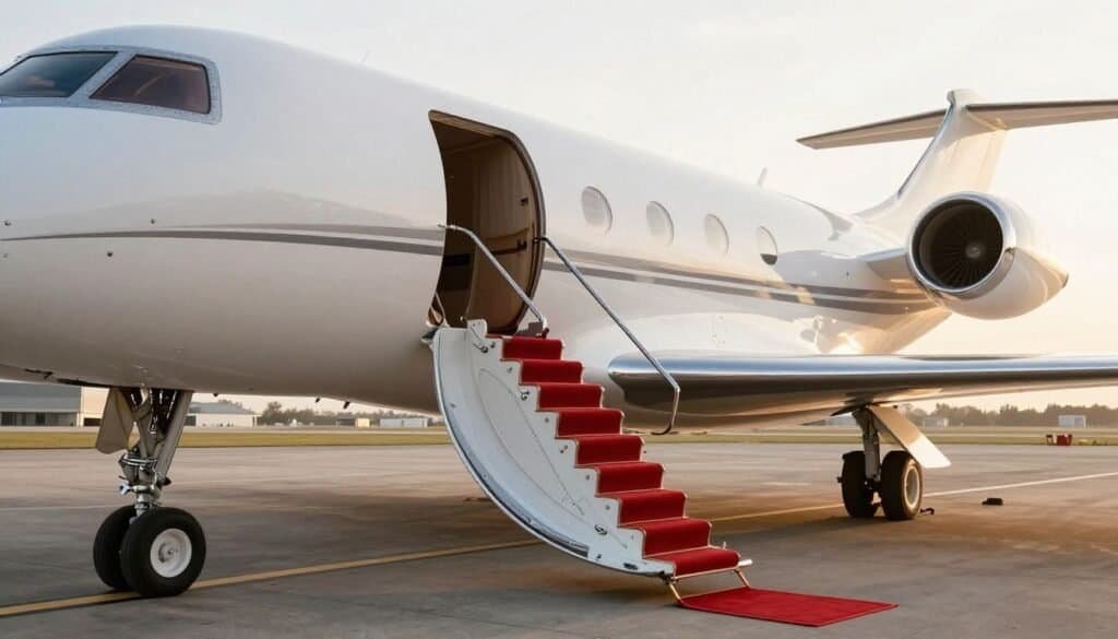 A sleek private jet on an airport tarmac at sunset, viewed from the wing, with an empty red carpet leading to its stairs.