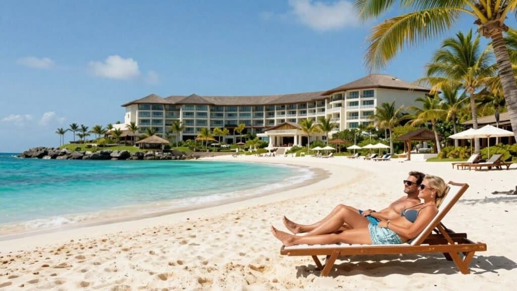 Couple relaxing on a beach vacation.