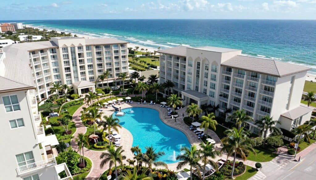 An aerial view of a luxurious Marriott Vacation Club resort in Florida, with swimming pools, palm trees, and the ocean in the background.