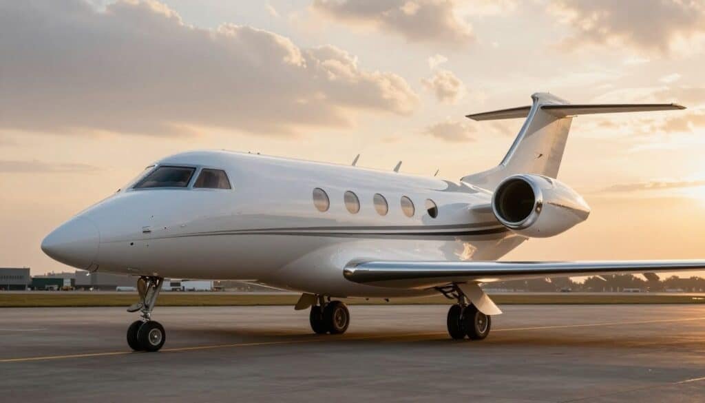 A sleek private jet on an airport tarmac at sunset, representing the luxury and high cost of private jet memberships.