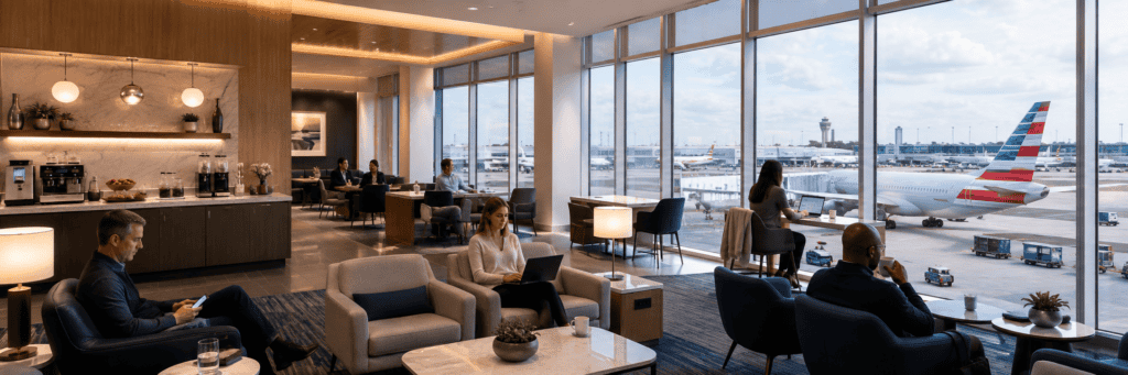 Wide panoramic image of a modern airport lounge with warm lighting, wood and marble finishes, and travelers relaxing or working on phones and laptops. Floor-to-ceiling windows overlook the tarmac, where an American Airlines jet, service vehicles, and the airport terminal are visible outside.