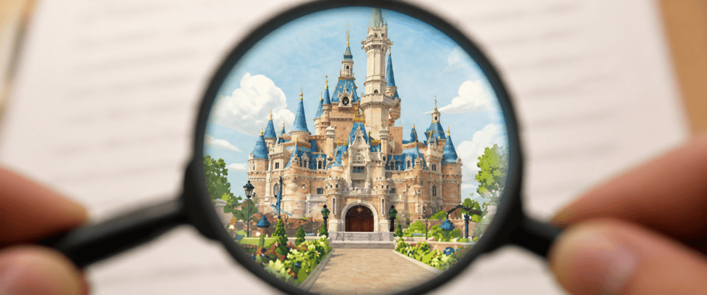 Whimsical castle through magnifying glass