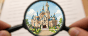 Whimsical castle through magnifying glass