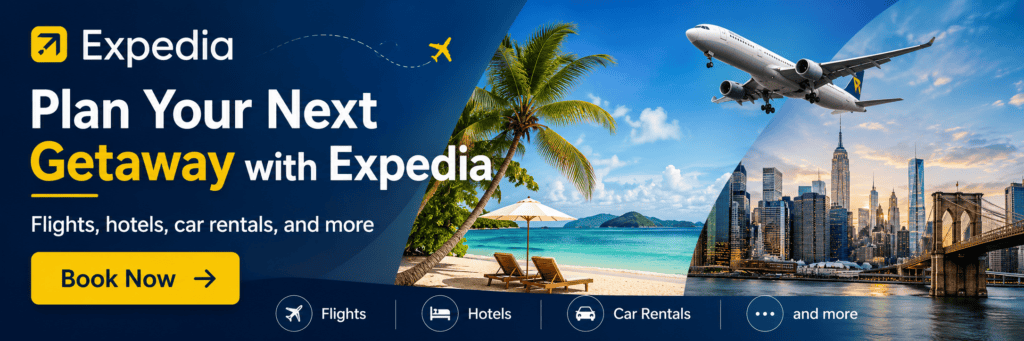 Expedia travel banner with the text “Plan Your Next Getaway with Expedia,” a yellow “Book Now” button, and travel imagery showing a tropical beach, airplane, and city skyline.