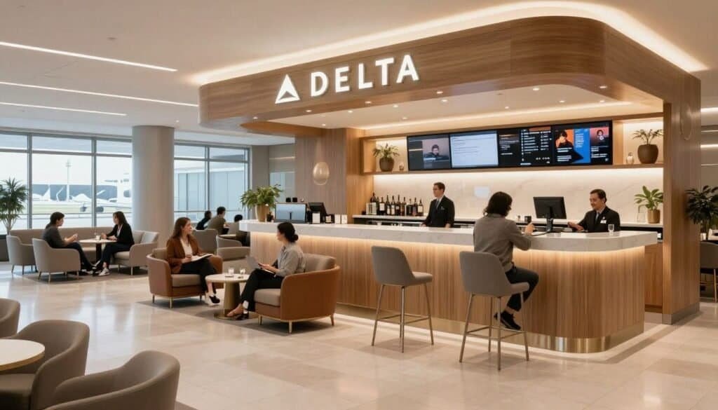 An interior view of a modern, upscale Delta Sky Club airport lounge, with comfortable seating, a well-lit bar, and travelers relaxing before their flight.