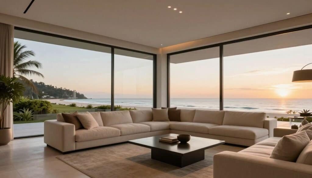 A luxurious, modern living room with floor-to-ceiling windows overlooking a pristine beach at sunset, representing a high-end vacation residence.