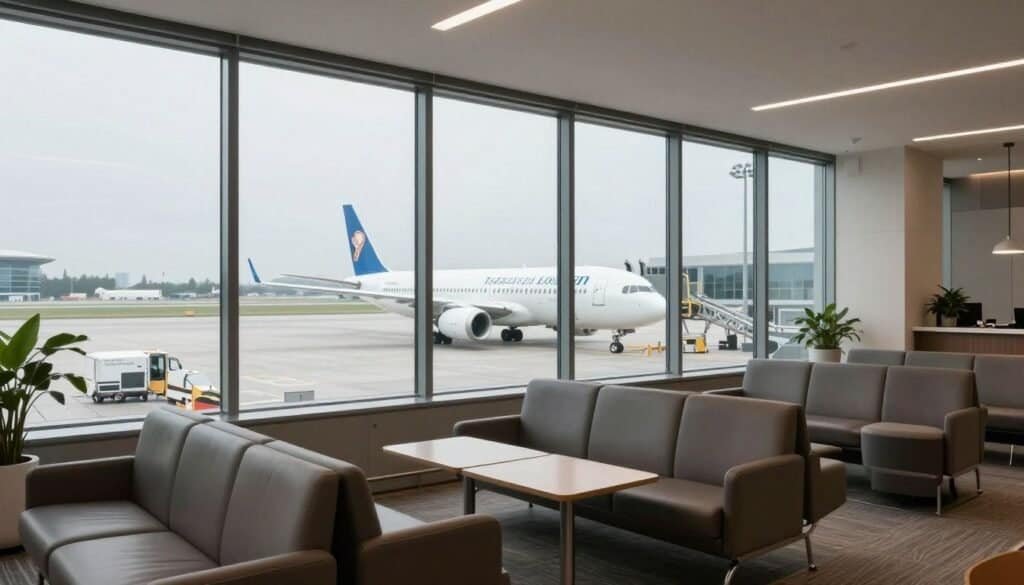 An analytical shot of a modern, quiet airport lounge with comfortable seating, soft lighting, and a view of airplanes on the tarmac through large windows.