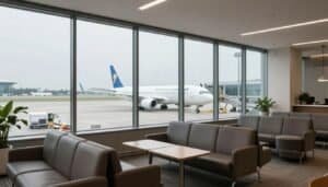 An analytical shot of a modern, quiet airport lounge with comfortable seating, soft lighting, and a view of airplanes on the tarmac through large windows.