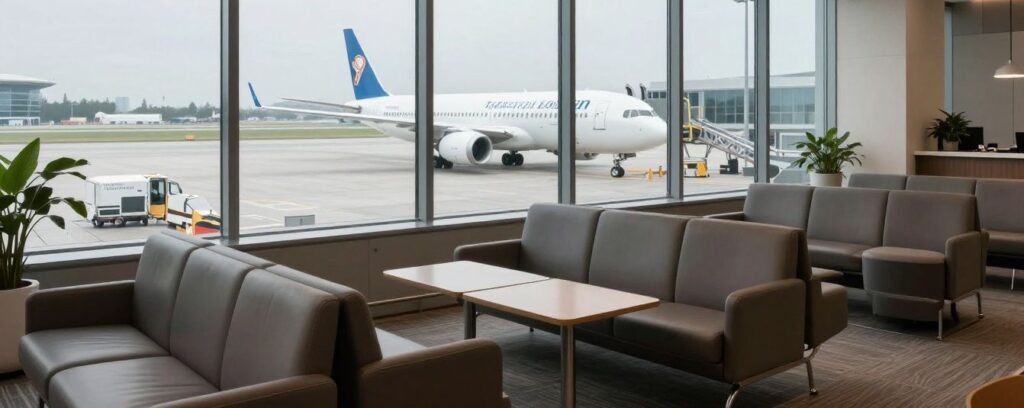 An analytical shot of a modern, quiet airport lounge with comfortable seating, soft lighting, and a view of airplanes on the tarmac through large windows.