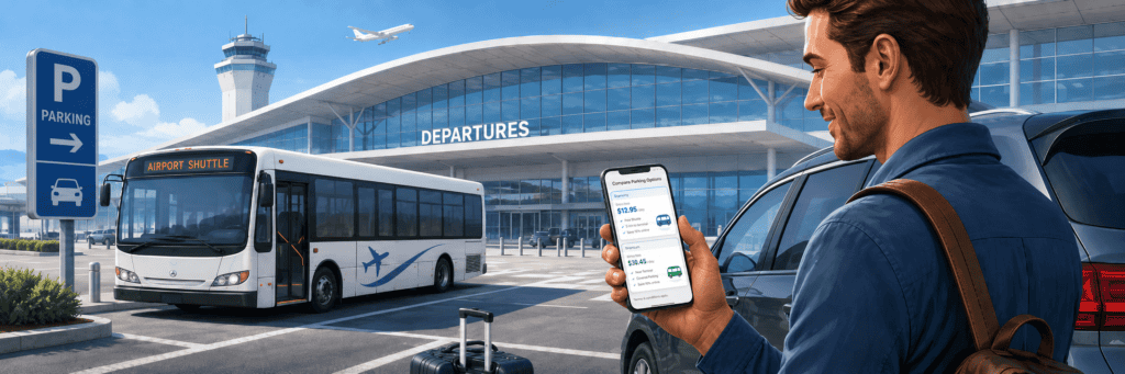 Traveler comparing off-airport parking prices and shuttle details before a flight