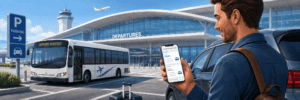 Traveler comparing off-airport parking prices and shuttle details before a flight