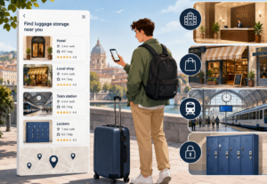 Traveler checking a luggage storage booking and security terms before leaving a suitcase