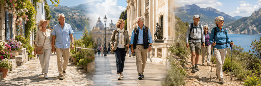 Older adult travelers enjoy a range of activities, from a leisurely village stroll and city walking tour to a scenic mountain hike with trekking poles.
