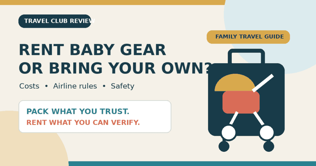 Family travel guide comparing rented baby gear with bringing a stroller, car seat and crib