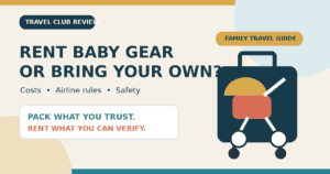 Family travel guide comparing rented baby gear with bringing a stroller, car seat and crib