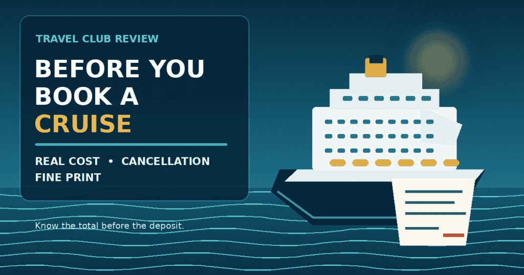 Illustrated cruise ship beside a cost worksheet for checking real costs, cancellation rules and fine print before booking