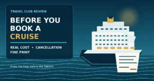 Illustrated cruise ship beside a cost worksheet for checking real costs, cancellation rules and fine print before booking