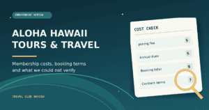 Illustration of travel membership costs: joining fee, annual dues, booking total, and contract terms