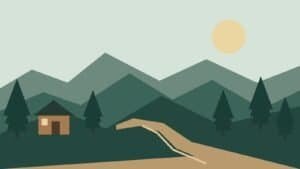 Illustration of a cabin and winding forest trail; not a photograph of America’s Outdoor Adventure Park