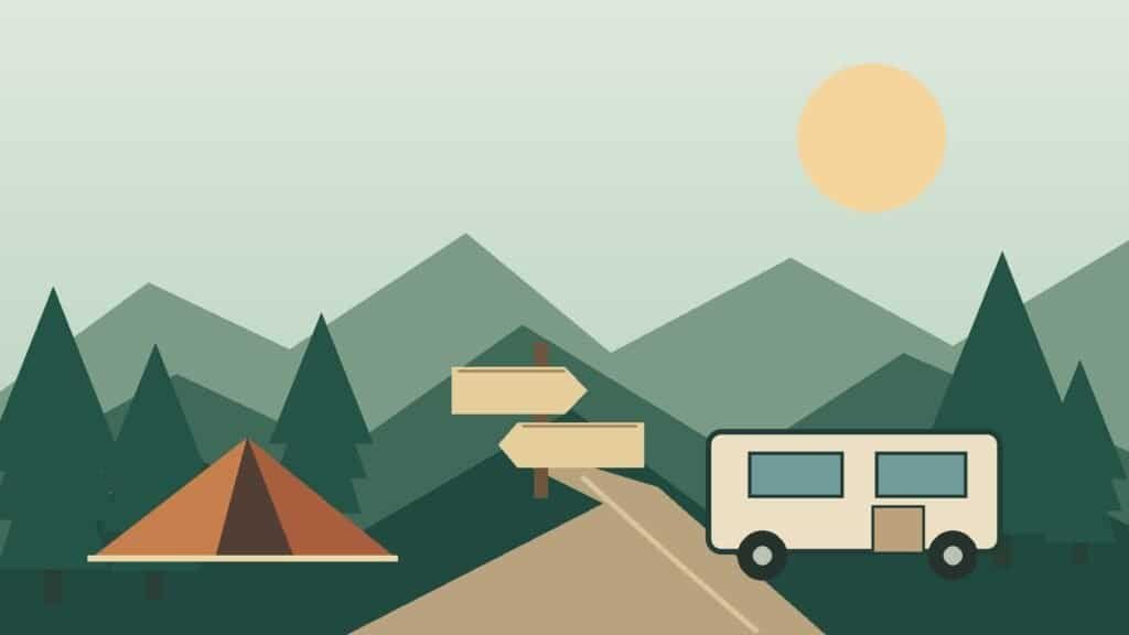 Illustration of a tent, RV and campsite signposts; not a photograph of any campground