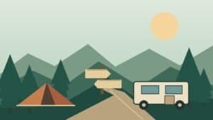 Illustration of a tent, RV and campsite signposts; not a photograph of any campground