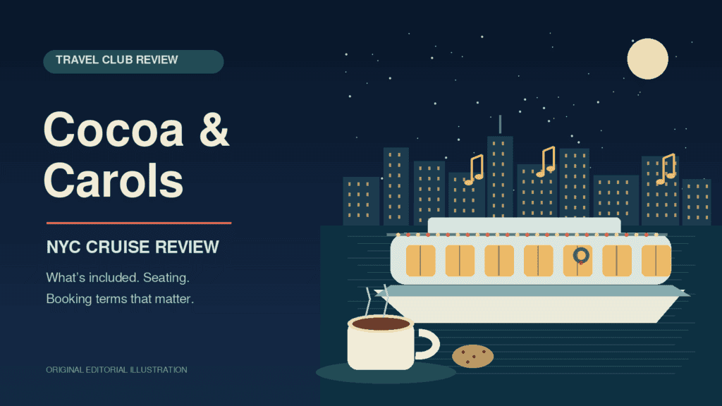 Original illustration of a holiday yacht on New York Harbor with hot cocoa and musical notes