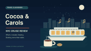 Original illustration of a holiday yacht on New York Harbor with hot cocoa and musical notes