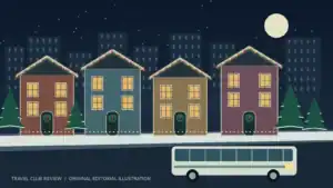 Original illustration of holiday-lit houses and a generic coach, not a photograph of this tour.