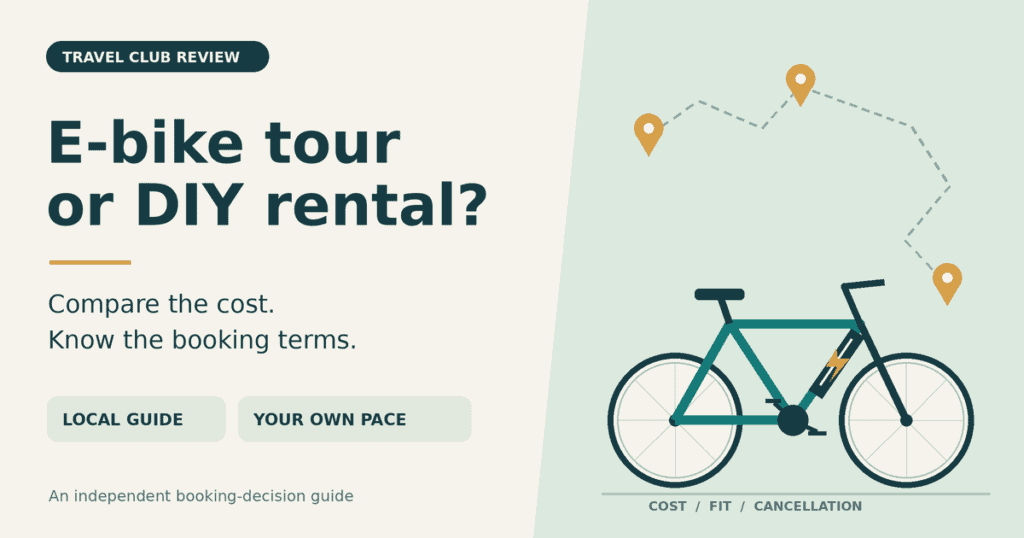 Original illustration of an electric bicycle and route markers beside the question E-bike tour or DIY rental