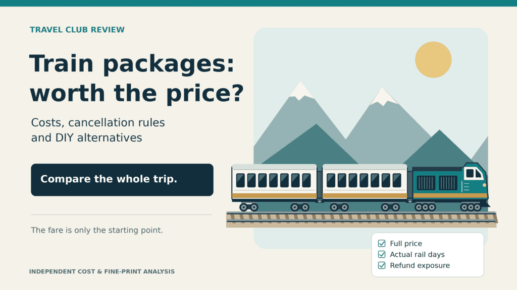 Original illustration of a connected passenger train with a teal locomotive and two coaches beside a travel-cost checklist.